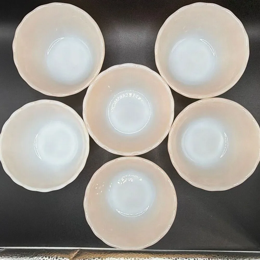 Vintage Fire-King Peach Lustre Custard Bowls – Set of 6 – Anchor Hocking Scallop